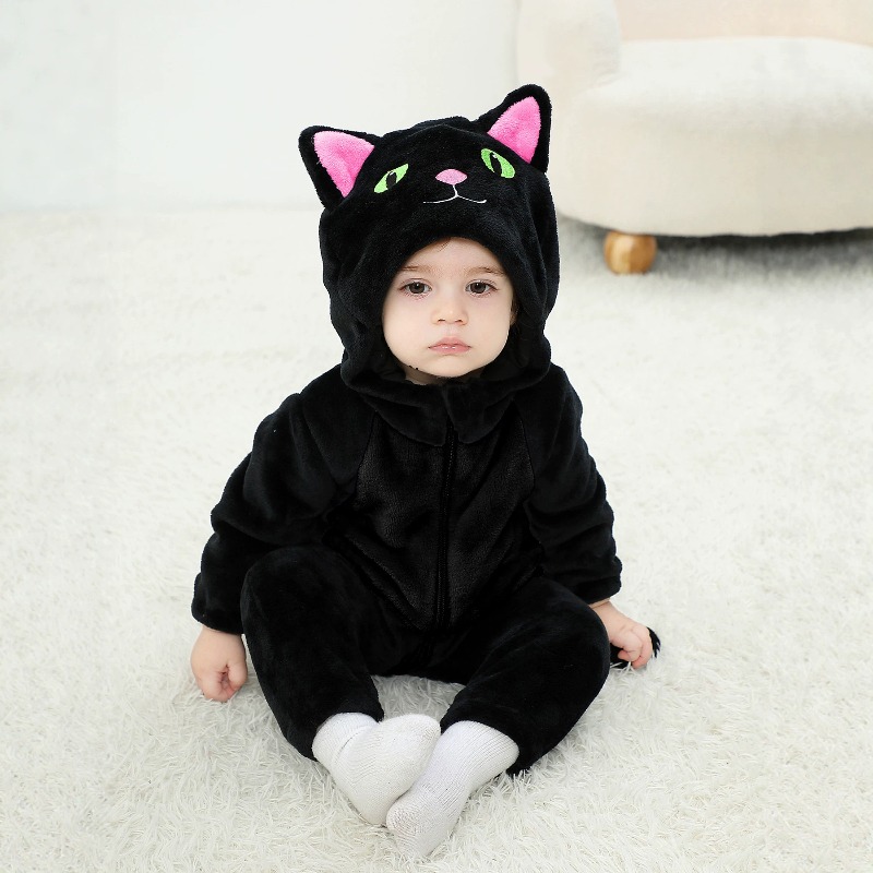 Cotton Baby Onesies Zipper - 신생아용 블랙 핑크 고양이 후드 롬퍼